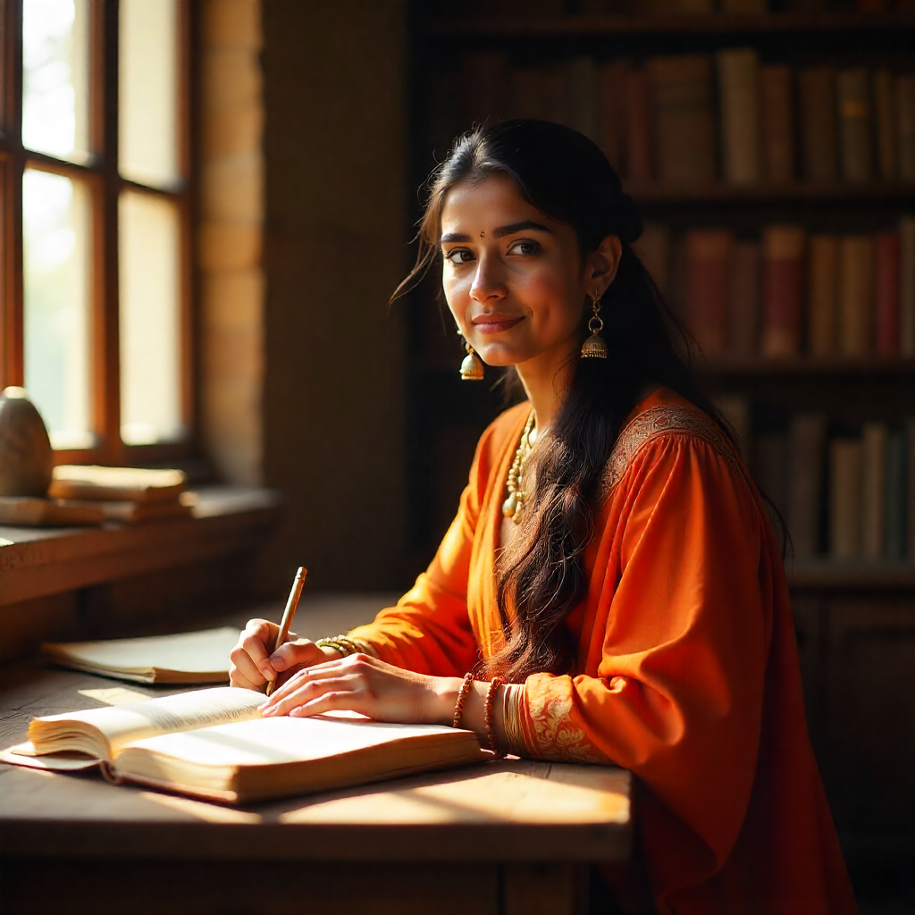 This picture is showing A woman learning Sanskrit 