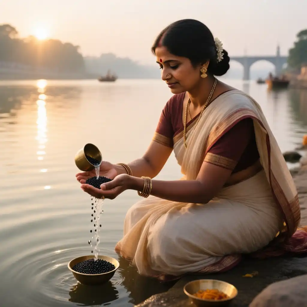 A woman Performing Tarpan in ganga ghat.
